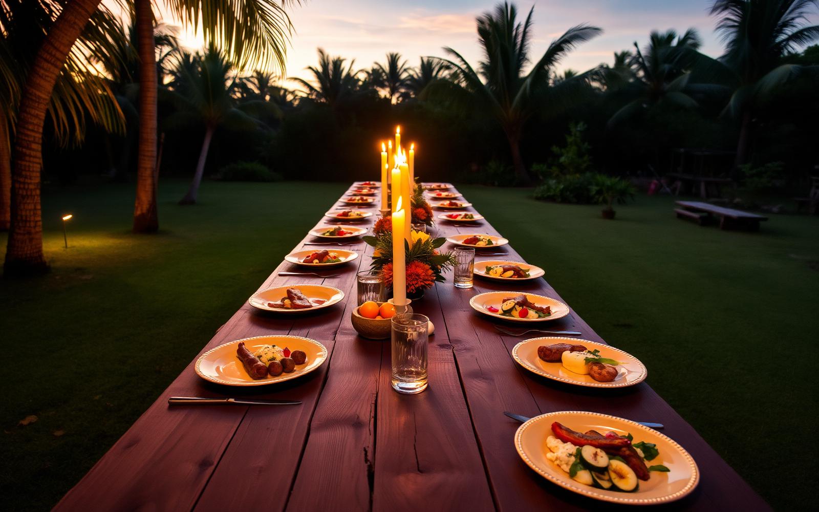 Table longue dressée pour un repas créole au crépuscule
