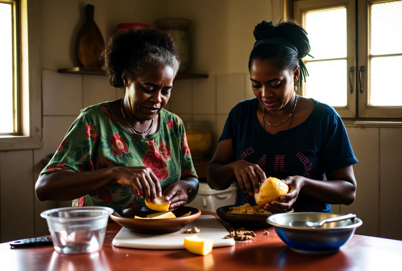 Grand-mère et petite-fille préparant un plat créole